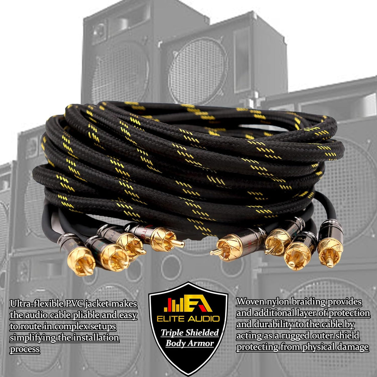 Elite Audio EA-PRO20 20ft RCA Audio Cable – Dual Channel, Oxygen-Free Copper, Triple Shielded, Brass Connectors