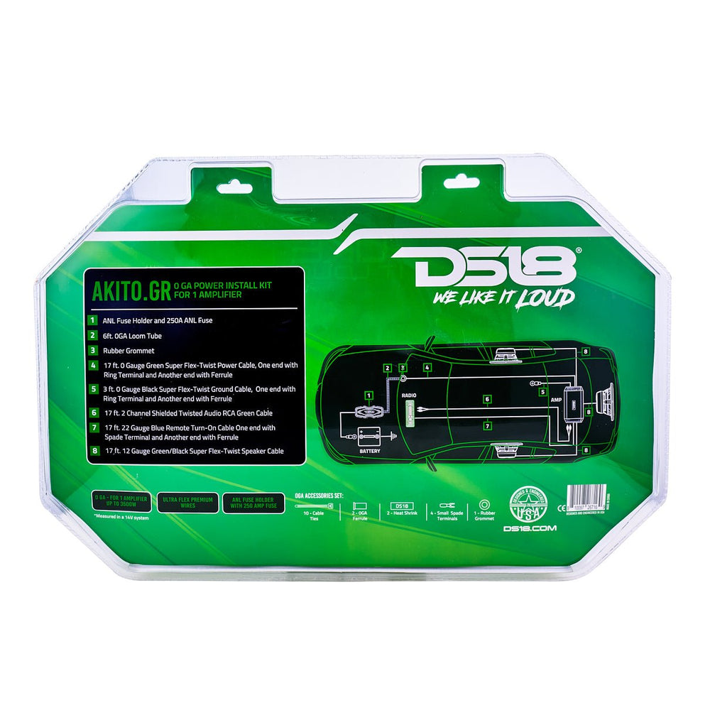 DS18 AKITO.GR 0-Gauge Amplifier Wiring Kit – Green, Heavy Duty Car & Marine Audio Installation