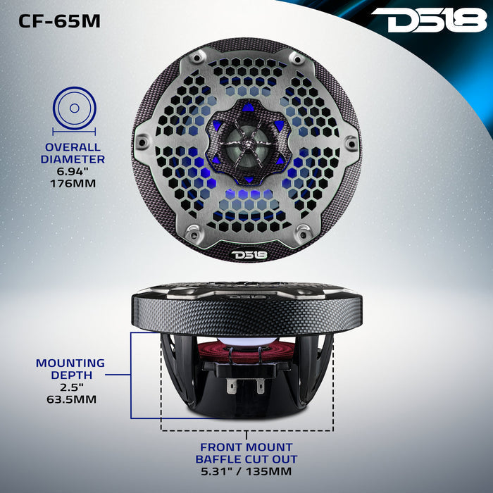 DS18 NXL 6.5” Marine Coaxial Speaker – RGB LED, 100W RMS, 4-Ohm, Black Carbon Fibe