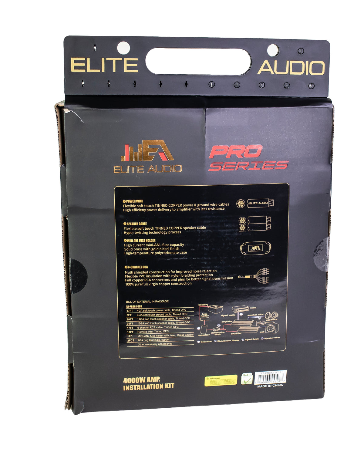 Elite Audio PROK4-5CH FS 5-Channel Car Audio Wiring Kit – Full Gauge Tinned Copper OFC 4 Gauge Power, 6-Channel PRO RCA, Speaker Wire & ANL Fuse