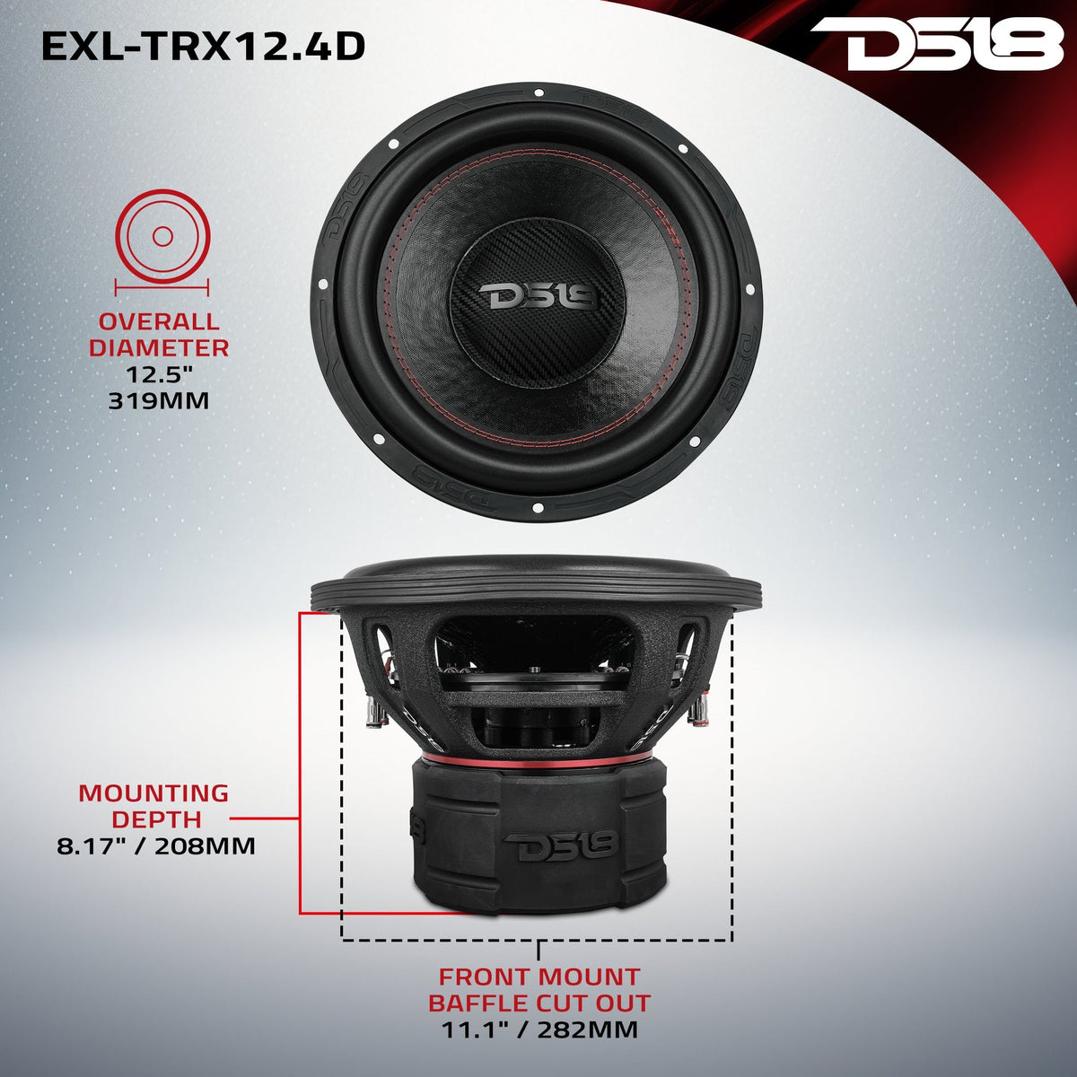 DS18 EXL-TRX12.4D EXL 12" Triple Stack Subwoofer - 2000W RMS, 3" Dual 4-Ohm Voice Coil DS18