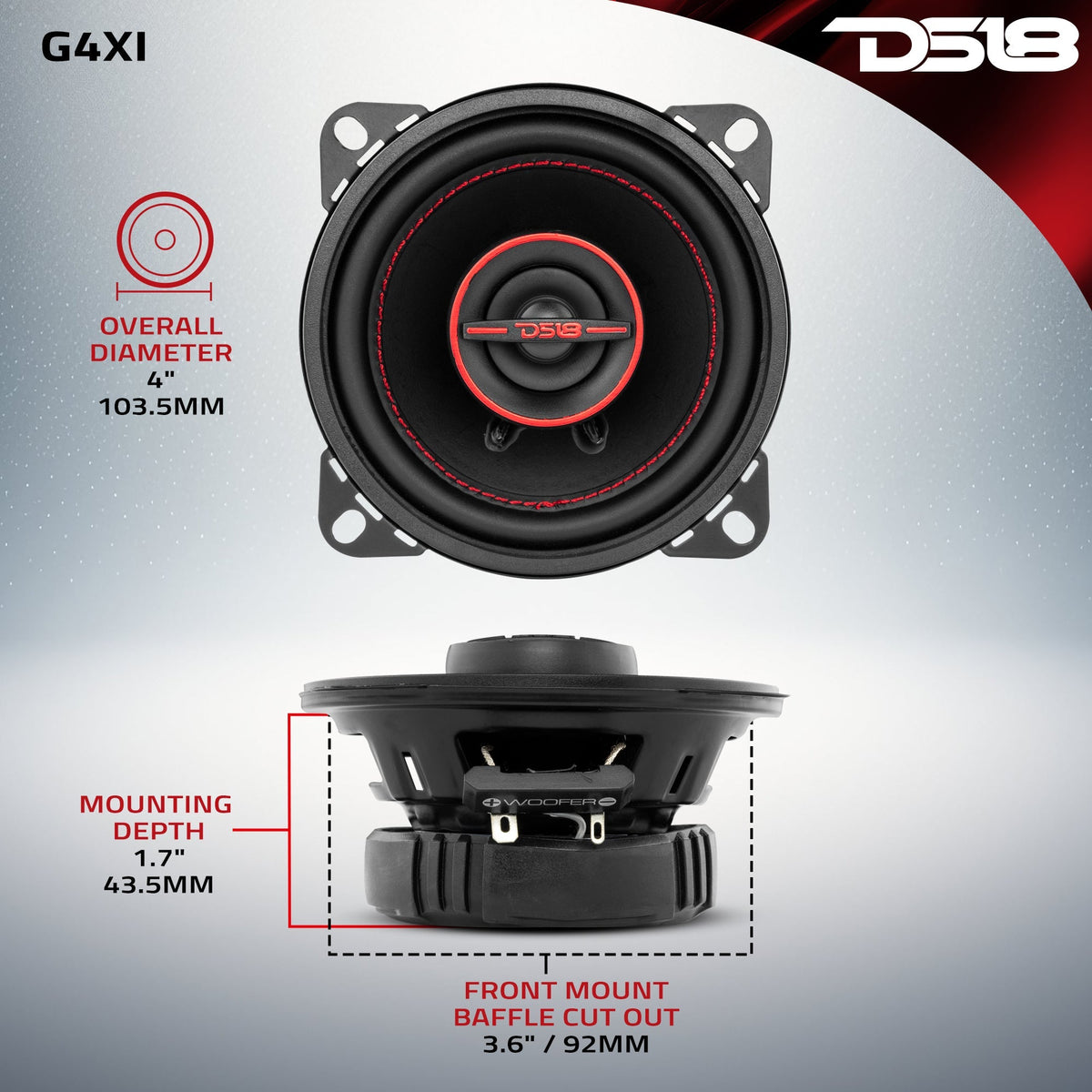 DS18 G4XI GEN-X 4" 2-Way Coaxial Speakers - 40W RMS, 120W Max, 4-Ohm with Grills (Pair) DS18