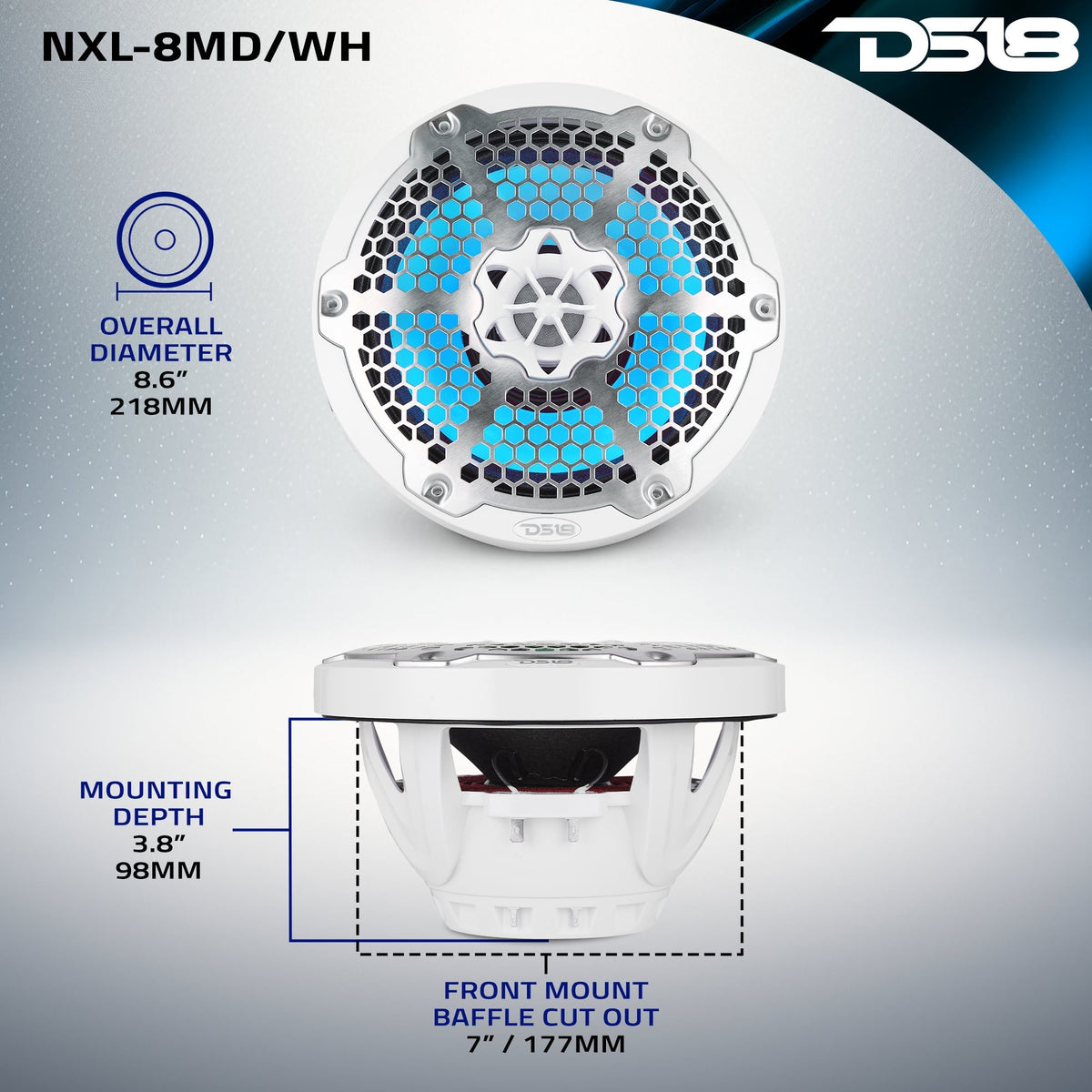DS18 NXL-8MD/WH NXL 8" Marine 2-Way Hybrid Speakers with RGB LED - 350W RMS, 4-Ohm, White (Pair) DS18