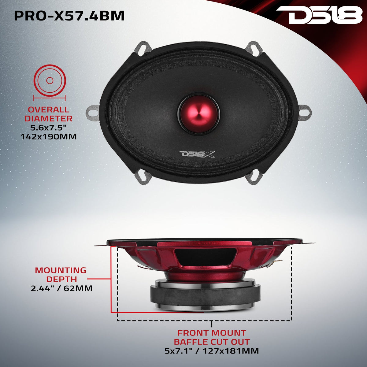 DS18 PRO-X57.4BM PRO-X 5x7" Mid-Range Loudspeaker with Bullet - 175W RMS, 350W Max, 4-Ohm DS18
