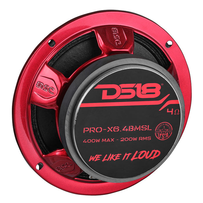DS18 PRO-X6.4BMSL Slim Loudspeaker - 6.5", Midrange, Red Aluminum Bullet, 400W Max, 200W RMS, 4 Ohms (1 Speaker)