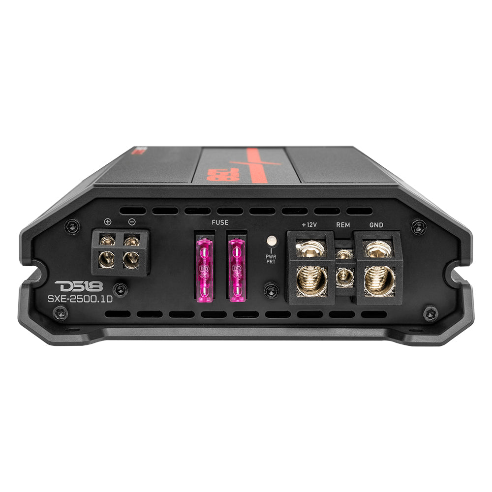 DS18 DS-SXE-2500.1D/BK Class D 1-Channel Monoblock Amplifier 2500 Watts Red 1-Ohm Stable Black DS18