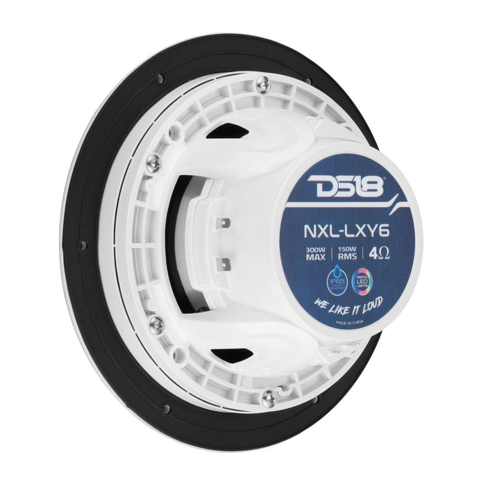 DS18 NXL-LXY6 6.5” Marine Grade Luxury Coaxial Speaker, Flush Magnetic Mount Grill Digital LED & Bullet Tweeter - White | 150W RMS 4-Ohm