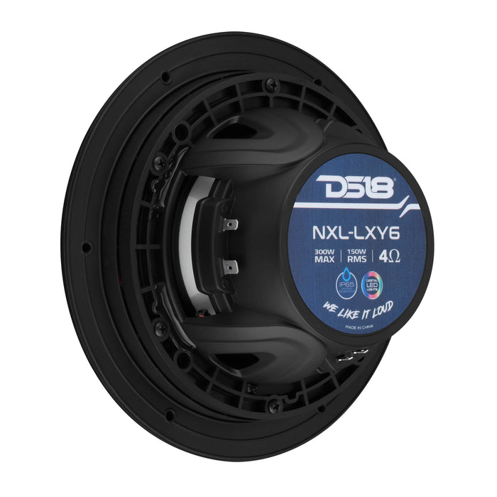 DS18 NXL-LXY6 6.5” Marine Grade Luxury Coaxial Speaker, Flush Magnetic Mount Grill Digital LED & Bullet Tweeter - Black | 150W RMS 4-Ohm