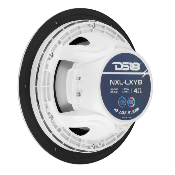 DS18 NXL-LXY8 8” Marine Grade Luxury Coaxial Speaker, Flush Magnetic Mount Grill Digital LED & Bullet tweeter - White