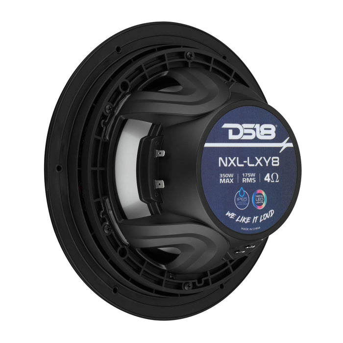 DS18 NXL-LXY8 8” Marine Grade Luxury Coaxial Speaker, Flush Magnetic Mount Grill Digital LED & Bullet tweeter - Black | 175W RMS 4-Ohm