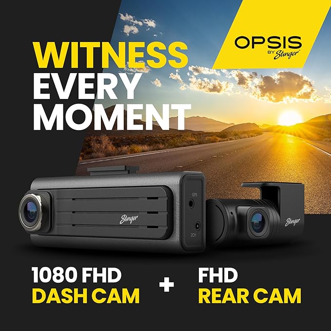 Stinger OPSIS Universal Full HD (1080p) Front & Rear Dash Camera, ADAS, Mute Notifications, Smart App, 32gb MicroSD Included