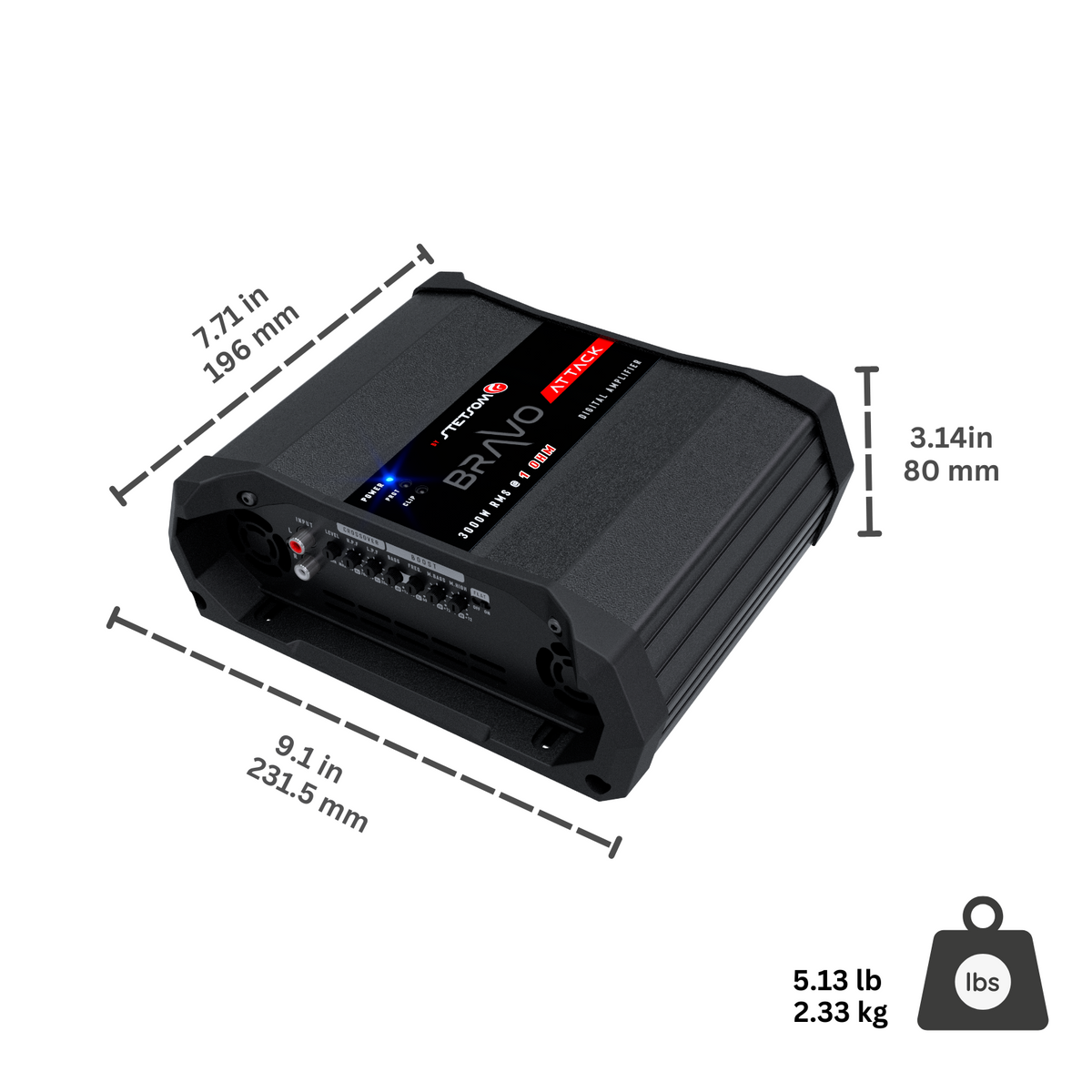 Stetsom Bravo Attack 3000 | 1-Ohm Mono Car Amplifier – 3000W RMS, Full Range, Bass Boost