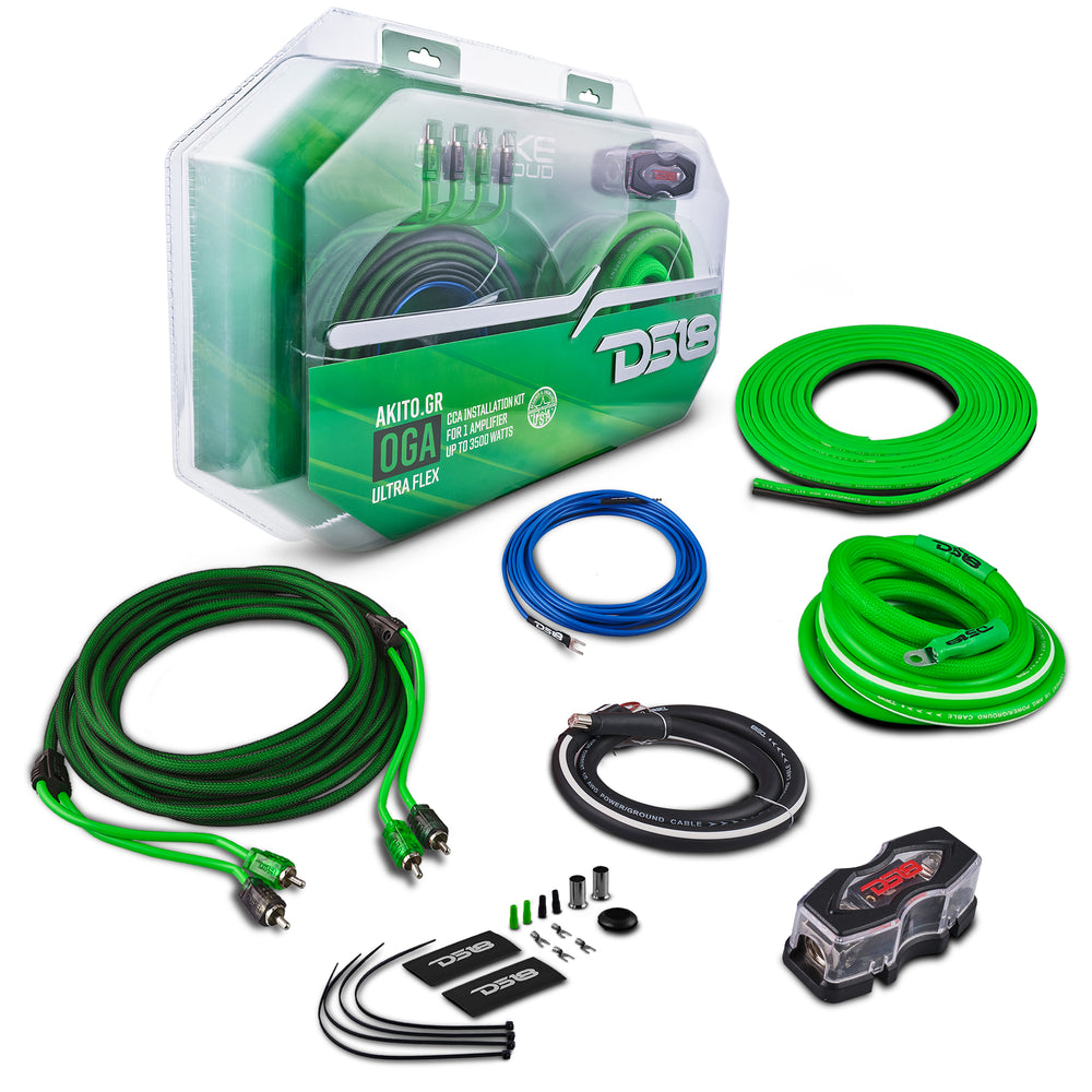 DS18 AKITO.GR 0-Gauge Amplifier Wiring Kit – Green, Heavy Duty Car & Marine Audio Installation