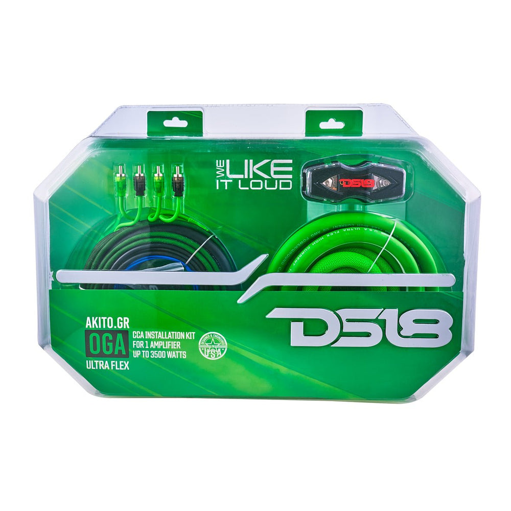 DS18 AKITO.GR 0-Gauge Amplifier Wiring Kit – Green, Heavy Duty Car & Marine Audio Installation