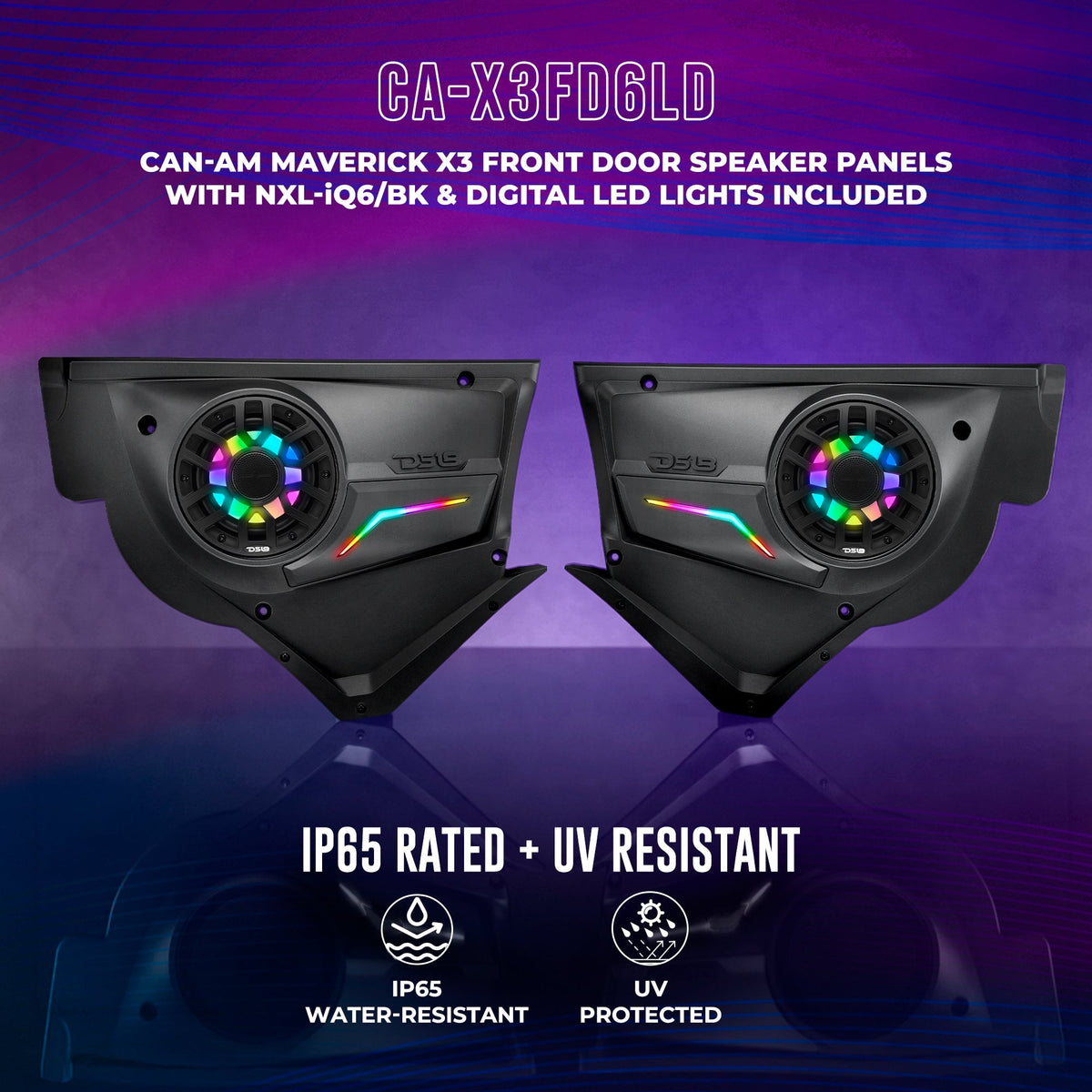 DS18 CA-X3FD6LD Can-Am Maverick X3 Front Door Speaker Panels - Loaded NXL-IQ 6.5" Speakers, LED Badge DS18