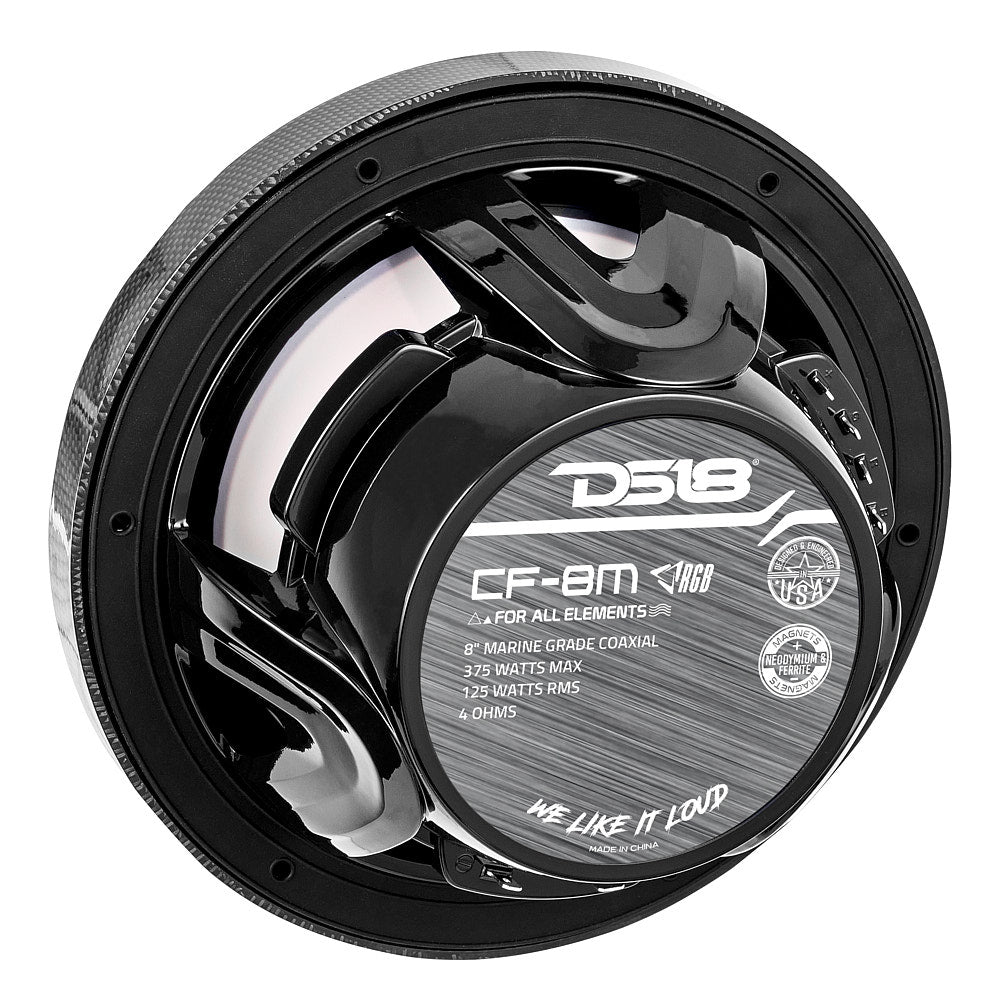 DS18 CF-8M NXL 8" 2-Way Coaxial Marine Speaker With LED RGB Lights 125 Watts Rms 4-Ohm - Black Carbon Fiber