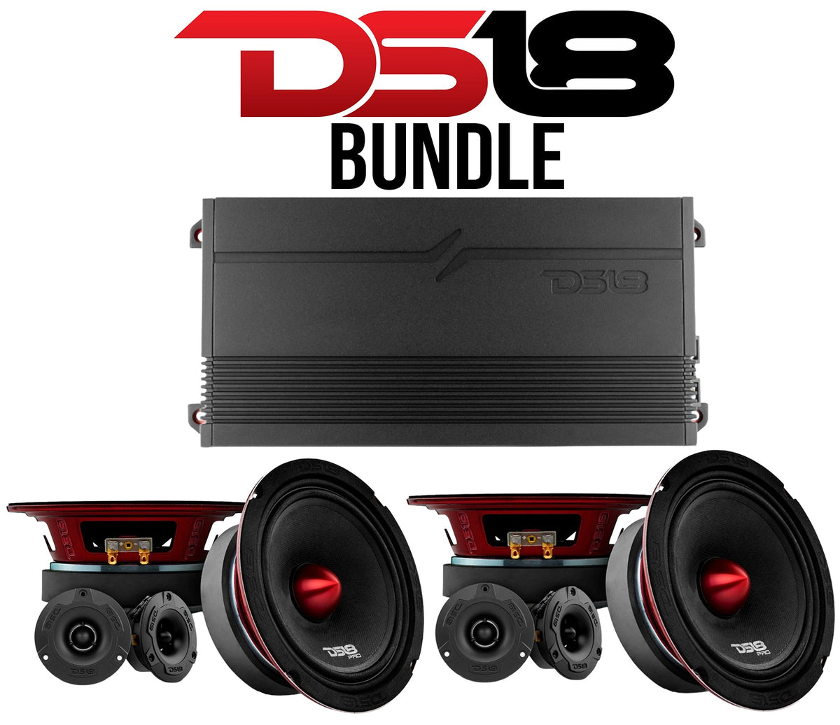 DS18 Car Audio Bundle – 4 PRO-X6.4BM 6.5" Midrange Speakers 500W MAX + 4 PRO-TW1X/BK Tweeters + GEN-X 4-Channel Amp 1800W Peak Power
