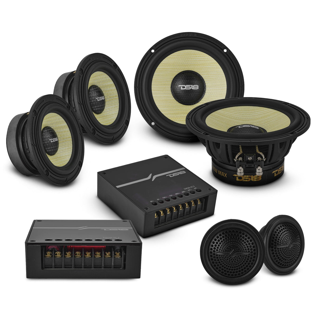 DS18 DXQ6C3 DXQ 6.5" 3-Way Component Speaker Set - 150W RMS, 4-Ohm, Yellow Straw Composite Cone DS18