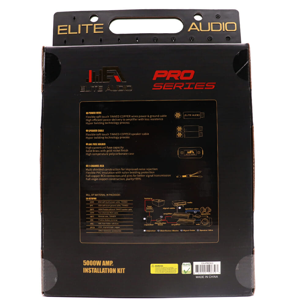 Elite Audio EA-PROK0 Pro Series 100% OFC Copper 0 Gauge Amp Kit | True Gauge Complete Amp Wiring Kit | Elite Audio