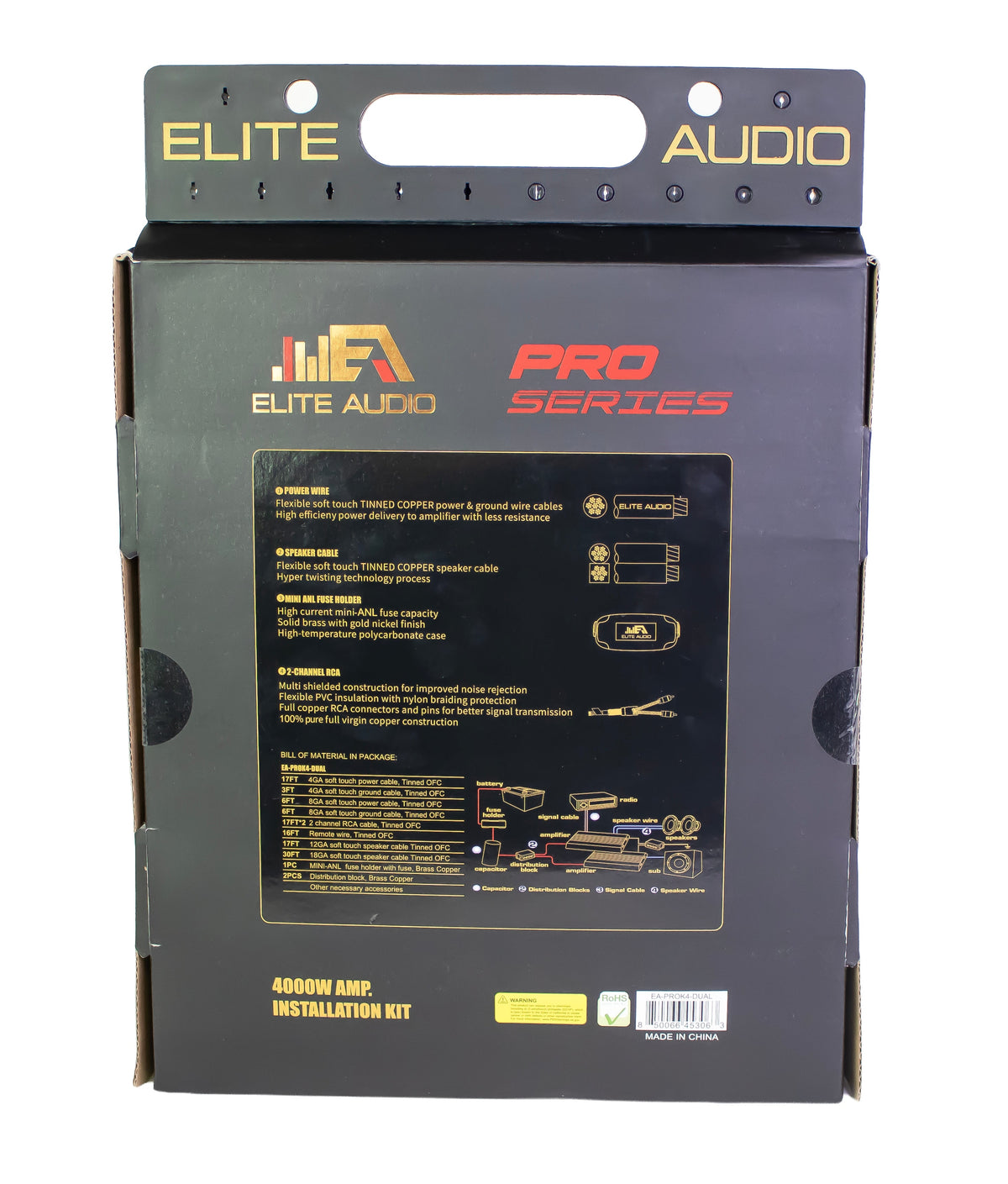 Elite Audio PROK4-DUAL FS Dual Amplifier Car Audio Wiring Kit – Full Gauge Tinned Copper OFC, 4 Gauge & 8 Gauge Power, PRO RCA, Distribution Blocks