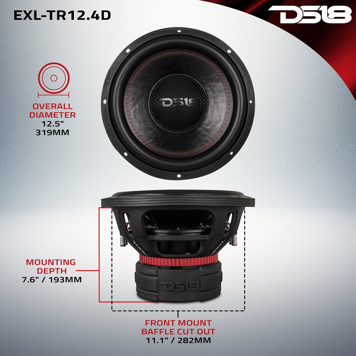 DS18 EXL-TR12.4D EXL 12" Dual Stack Subwoofer - 1500W RMS, 3" Dual 4-Ohm Voice Coil DS18