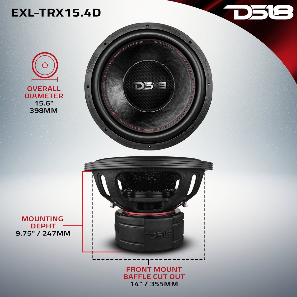 DS18 EXL-TRX15.4D EXL 15" Quad Stack Subwoofer - 3000W RMS, 4" Dual 4-Ohm Voice Coil DS18
