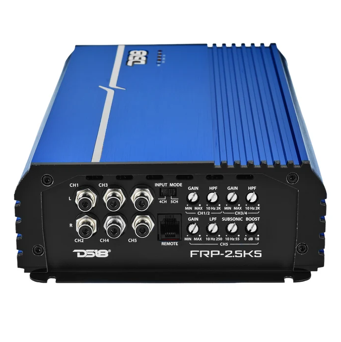 DS18 FRP Full Range 5ch Amp 250Wx4@4ohms 500x1 on Sub, 325wx4@2ohms 800x1 on Sub, 4ohms Bridge 550x2 1200X1@ 1ohm-Blue