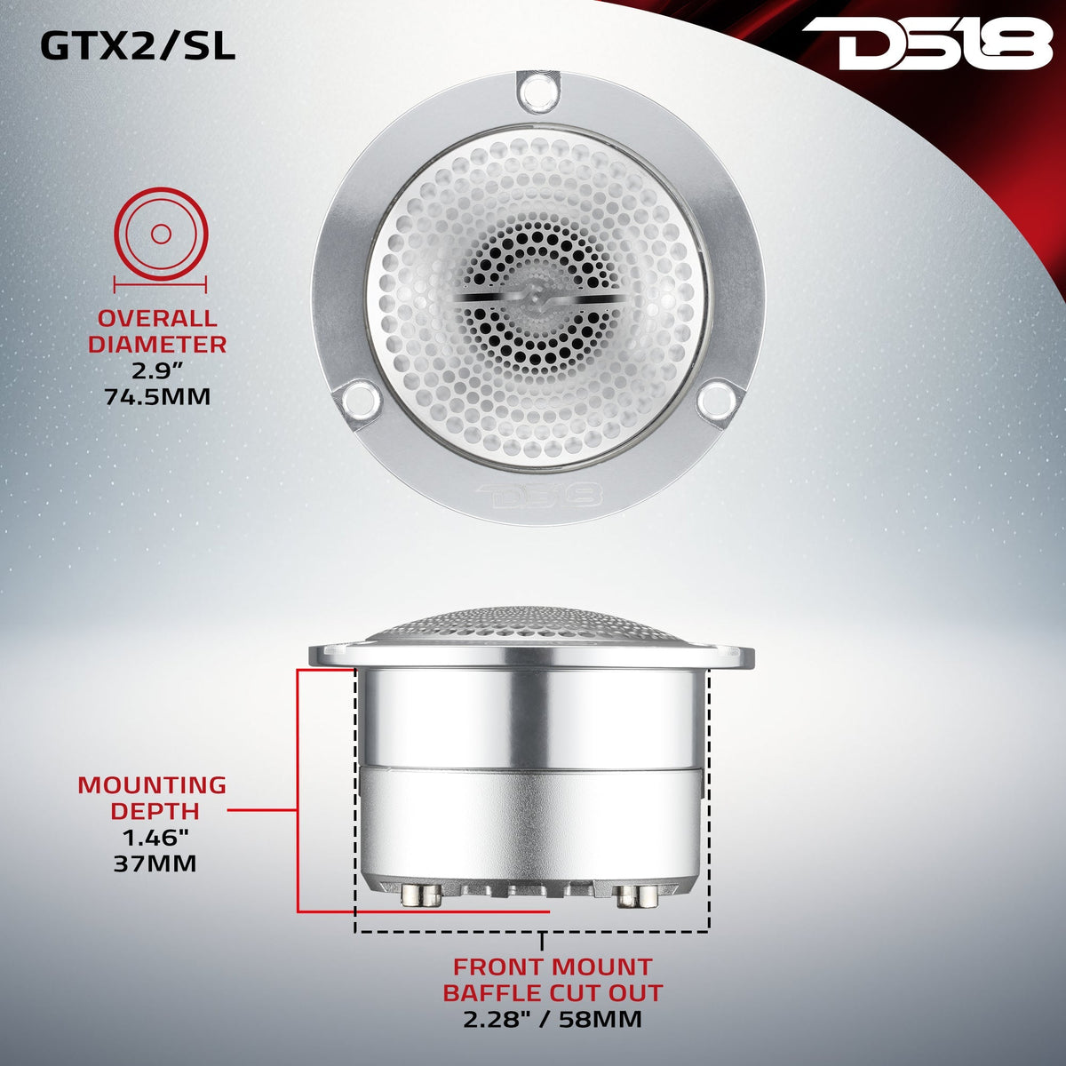 DS18 GTX2/SL GTX 3" Super Bullet Tweeter - 1" Titanium Voice Coil, Neodymium, 120W, 4-Ohm, Silver DS18