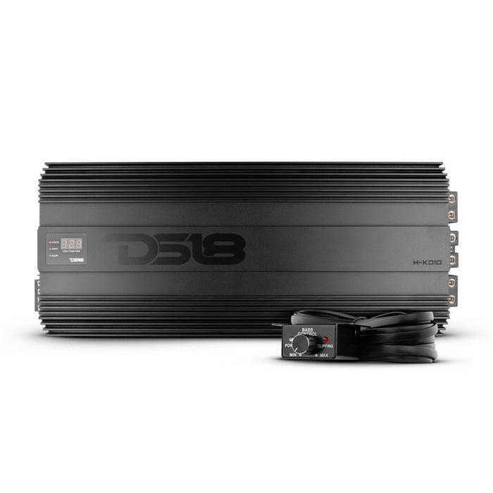 DS18 H-KO10 Korean Half Bridge 1-Channel Monoblock Car Audio Amplifier with Voltmeter and Clip Indicator, 10000 Watts Rms - Remote BASS Knob Included