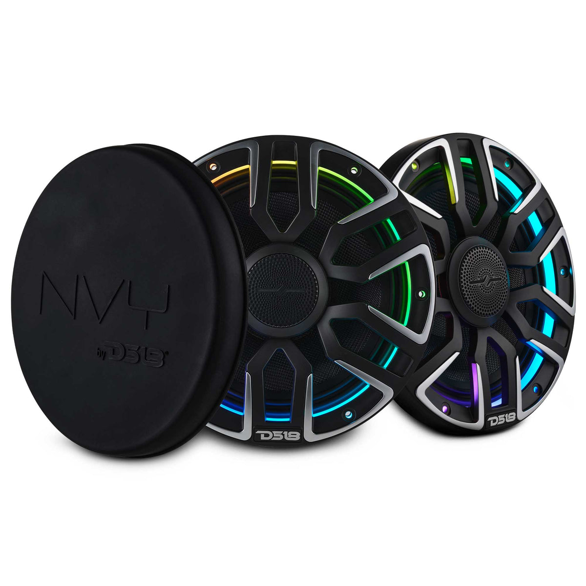 DS18 NVY-M8/BK 8" Marine Coaxial Speaker featuring a Kevlar Cone, Bullet Tweeter, Neodymium Magnet, and Integrated Digital LED Lighting | 200W RMS, 4-Ohm