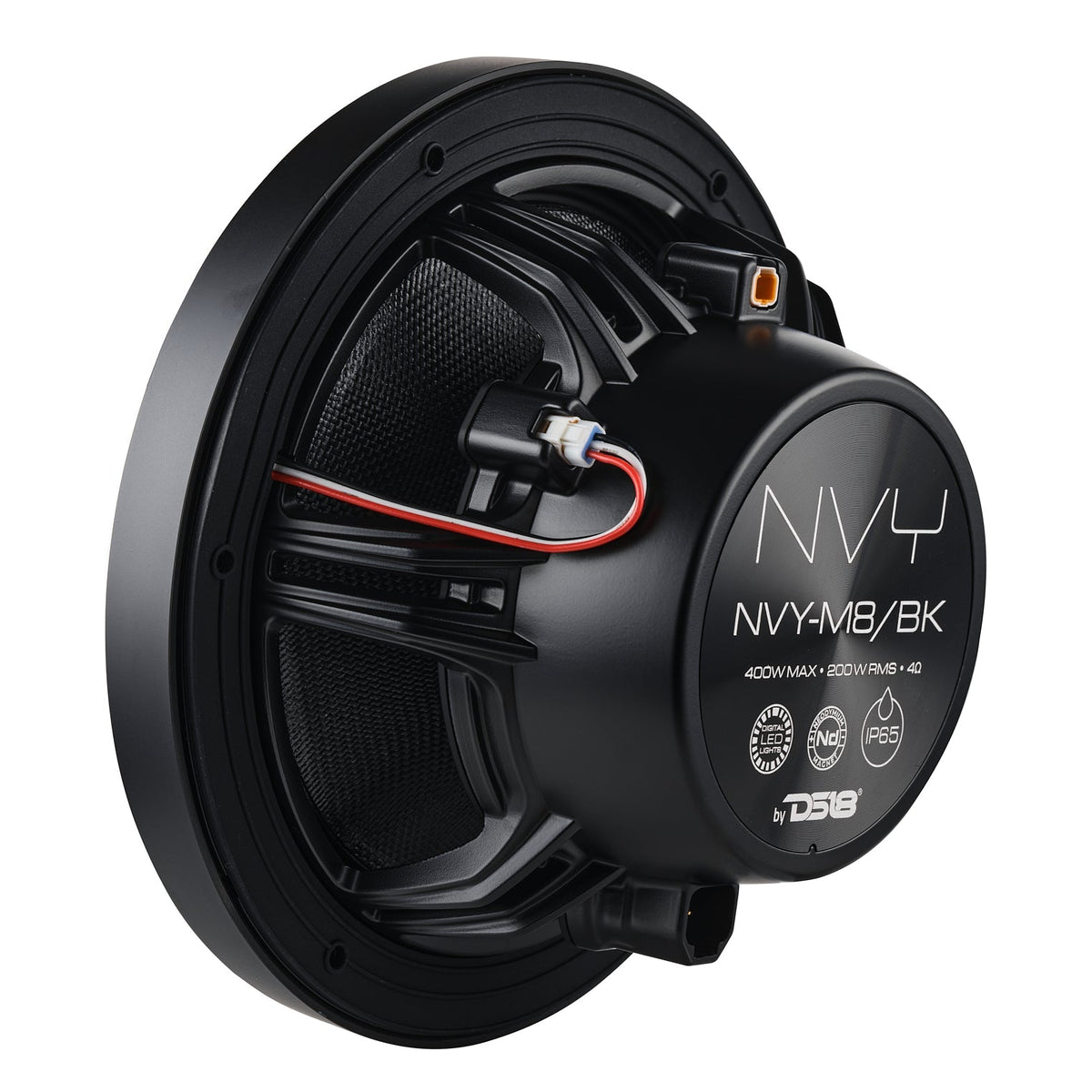 DS18 NVY-M8/BK 8" Marine Coaxial Speaker featuring a Kevlar Cone, Bullet Tweeter, Neodymium Magnet, and Integrated Digital LED Lighting | 200W RMS, 4-Ohm