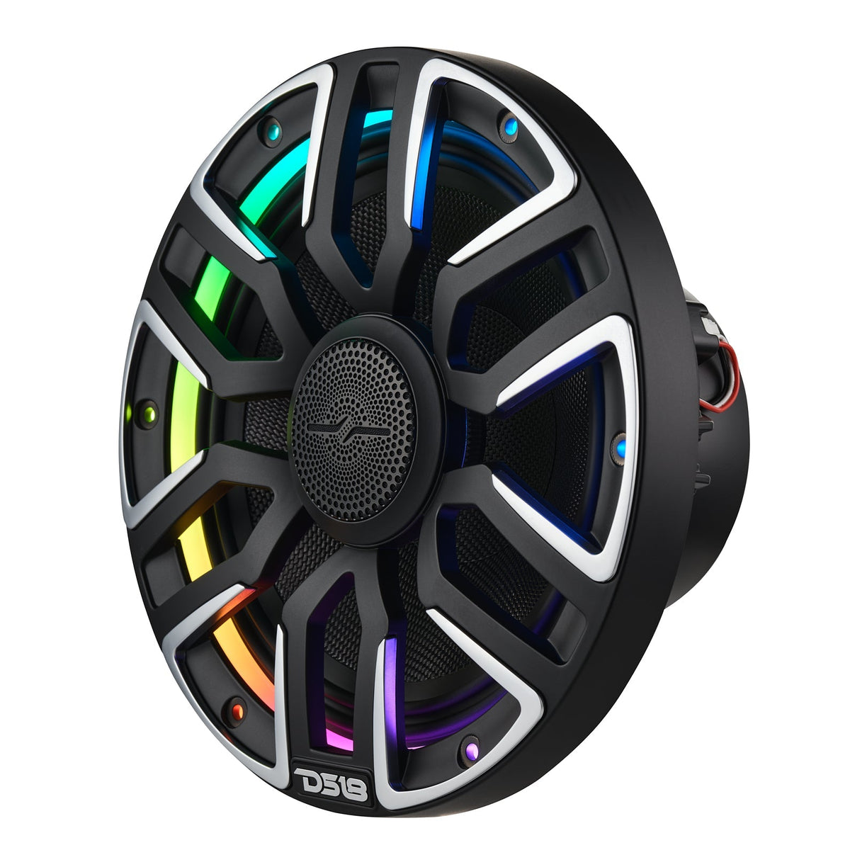 DS18 NVY-M8/BK 8" Marine Coaxial Speaker featuring a Kevlar Cone, Bullet Tweeter, Neodymium Magnet, and Integrated Digital LED Lighting | 200W RMS, 4-Ohm