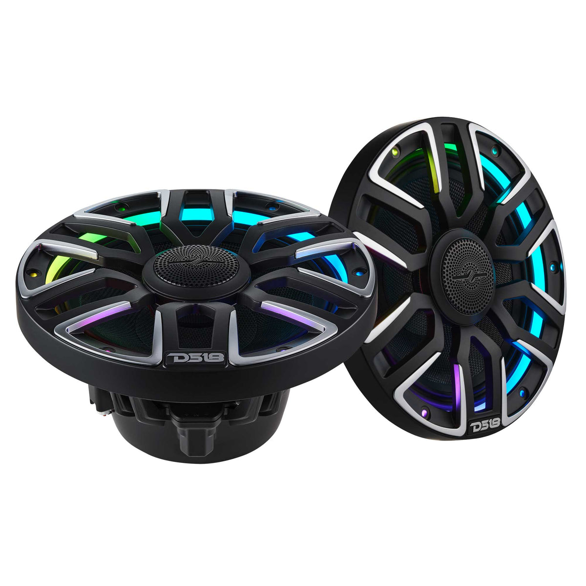 DS18 NVY-M8/BK 8" Marine Coaxial Speaker featuring a Kevlar Cone, Bullet Tweeter, Neodymium Magnet, and Integrated Digital LED Lighting | 200W RMS, 4-Ohm