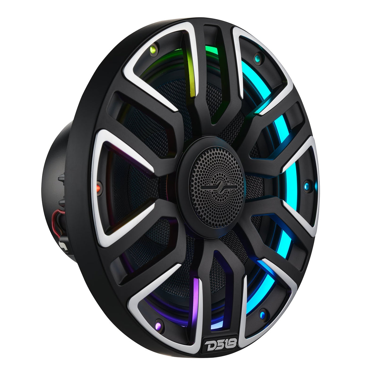 DS18 NVY-M8/BK 8" Marine Coaxial Speaker featuring a Kevlar Cone, Bullet Tweeter, Neodymium Magnet, and Integrated Digital LED Lighting | 200W RMS, 4-Ohm