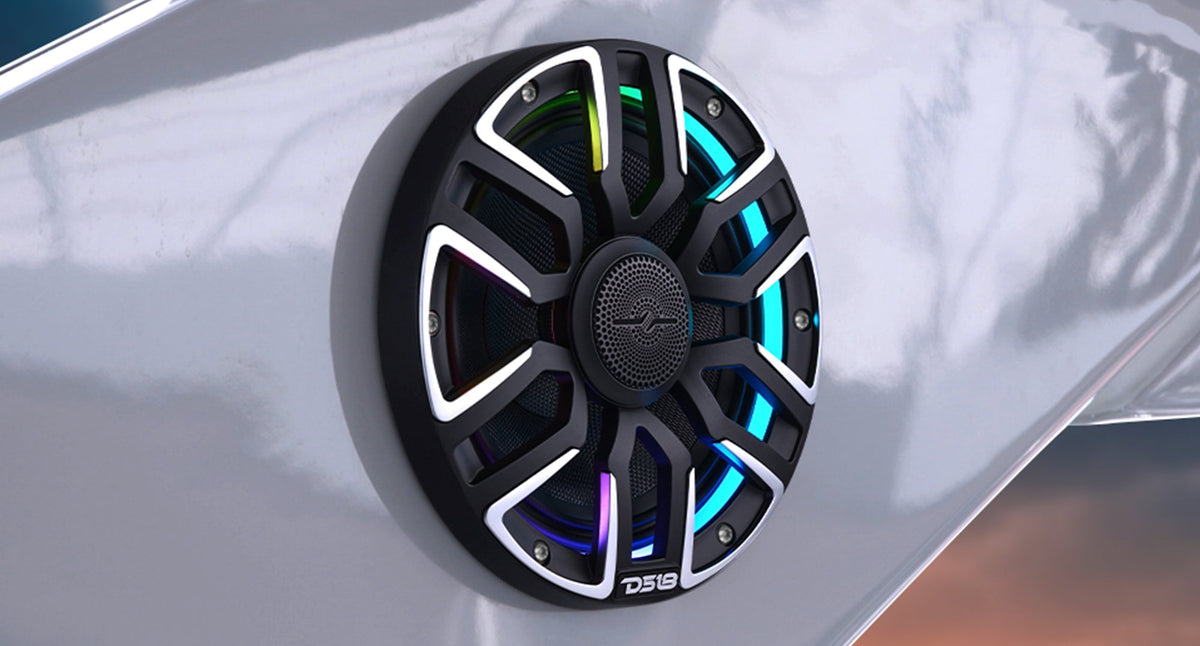 DS18 NVY-M8/BK 8" Marine Coaxial Speaker featuring a Kevlar Cone, Bullet Tweeter, Neodymium Magnet, and Integrated Digital LED Lighting | 200W RMS, 4-Ohm