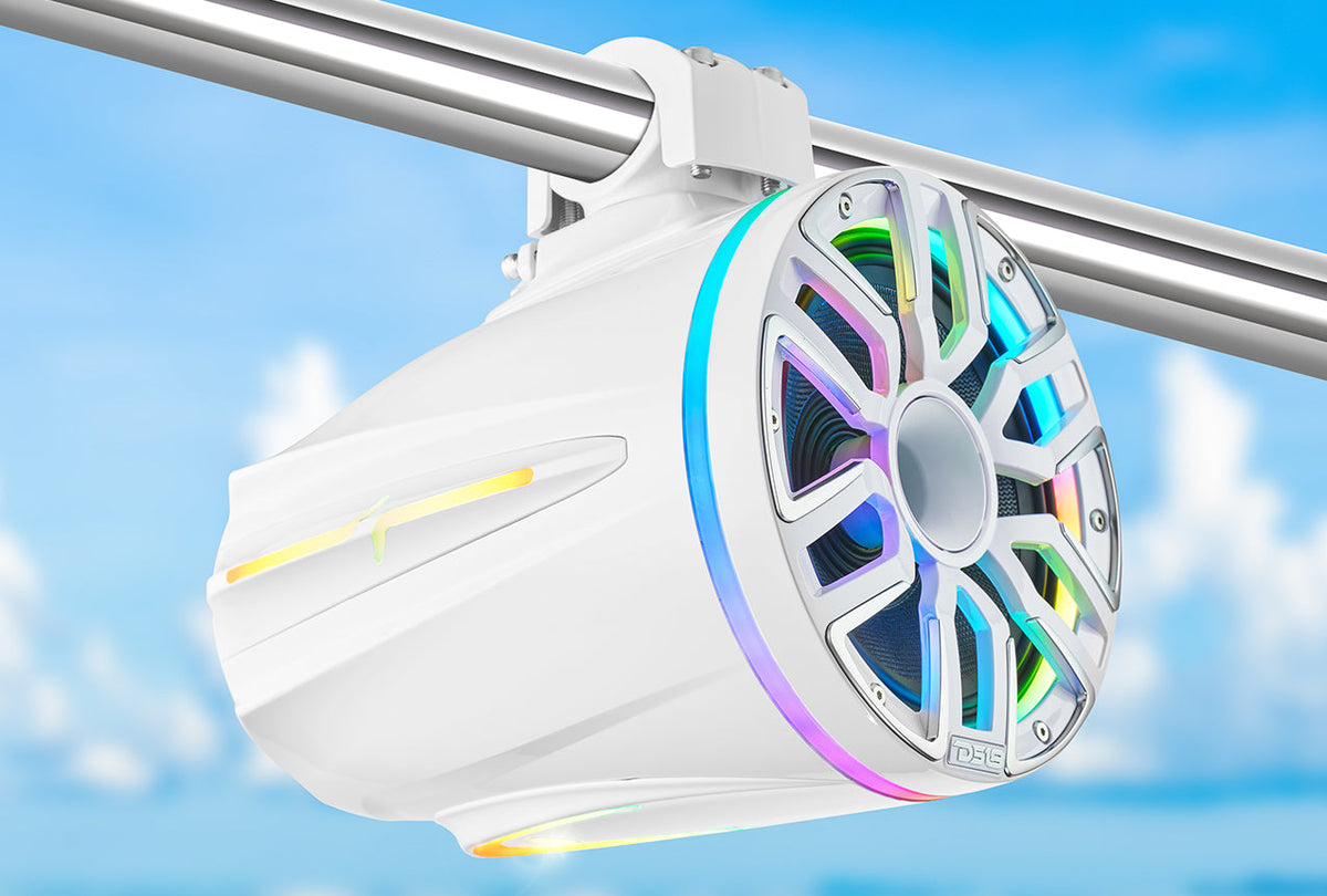 DS18 NVY-M8DTP/WH 8” Marine Tower Speaker – Kevlar Cone, Neodymium Magnet, LED Lights | 200W RMS