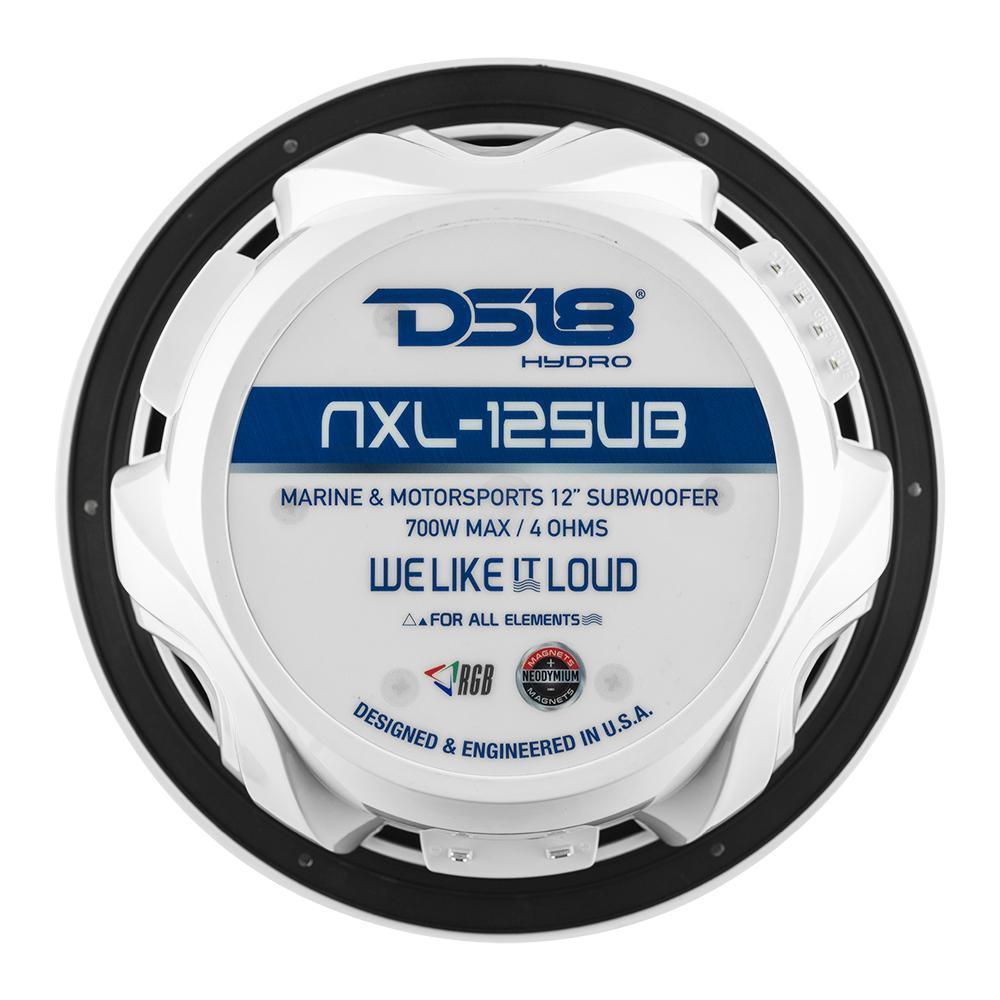 DS18 DS-NXL-12SUB/WH HYDRO 12 Inch Marine Subwoofer W/ Integrated RGB Lights 700 Watts SVC 4-Ohm White DS18
