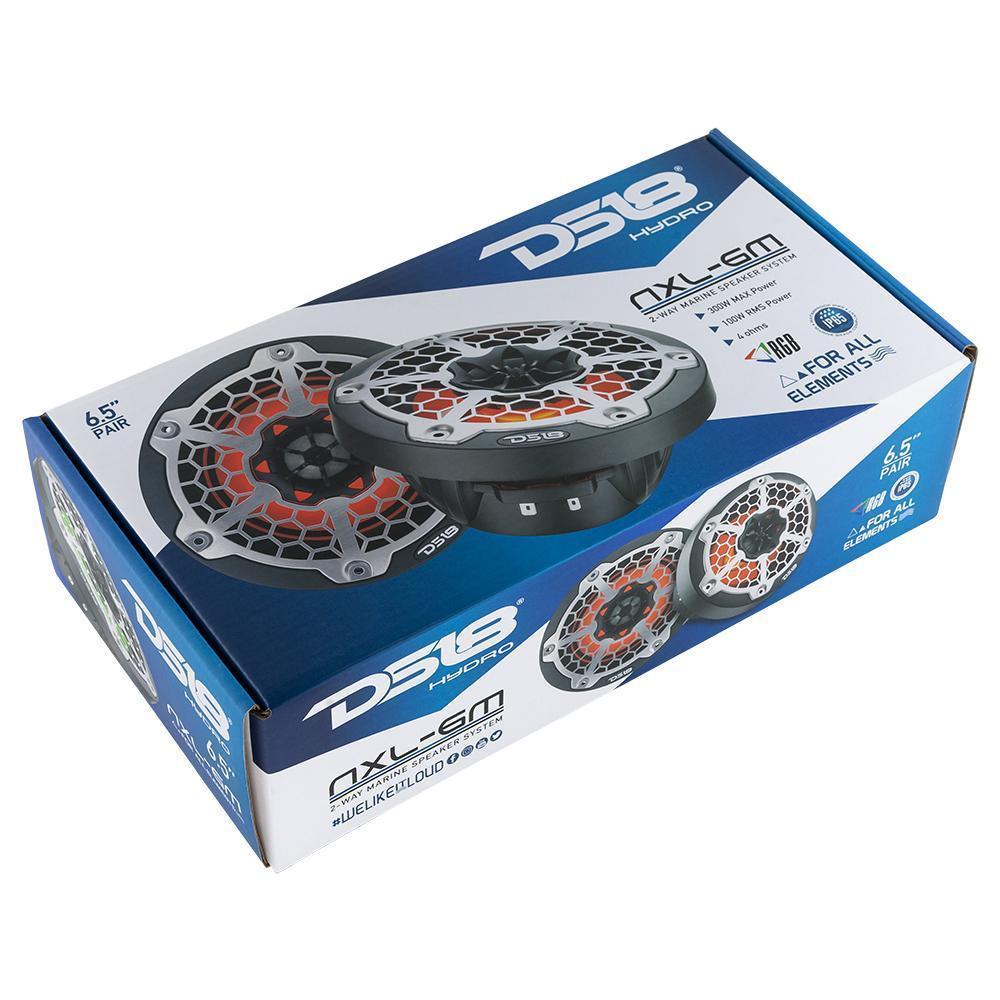 DS18 DS-NXL-6M/BK HYDRO 6.5 Inch 2-Way Marine Speakers W/ Integrated RGB LED Lights Mesh 300 Watts Black DS18