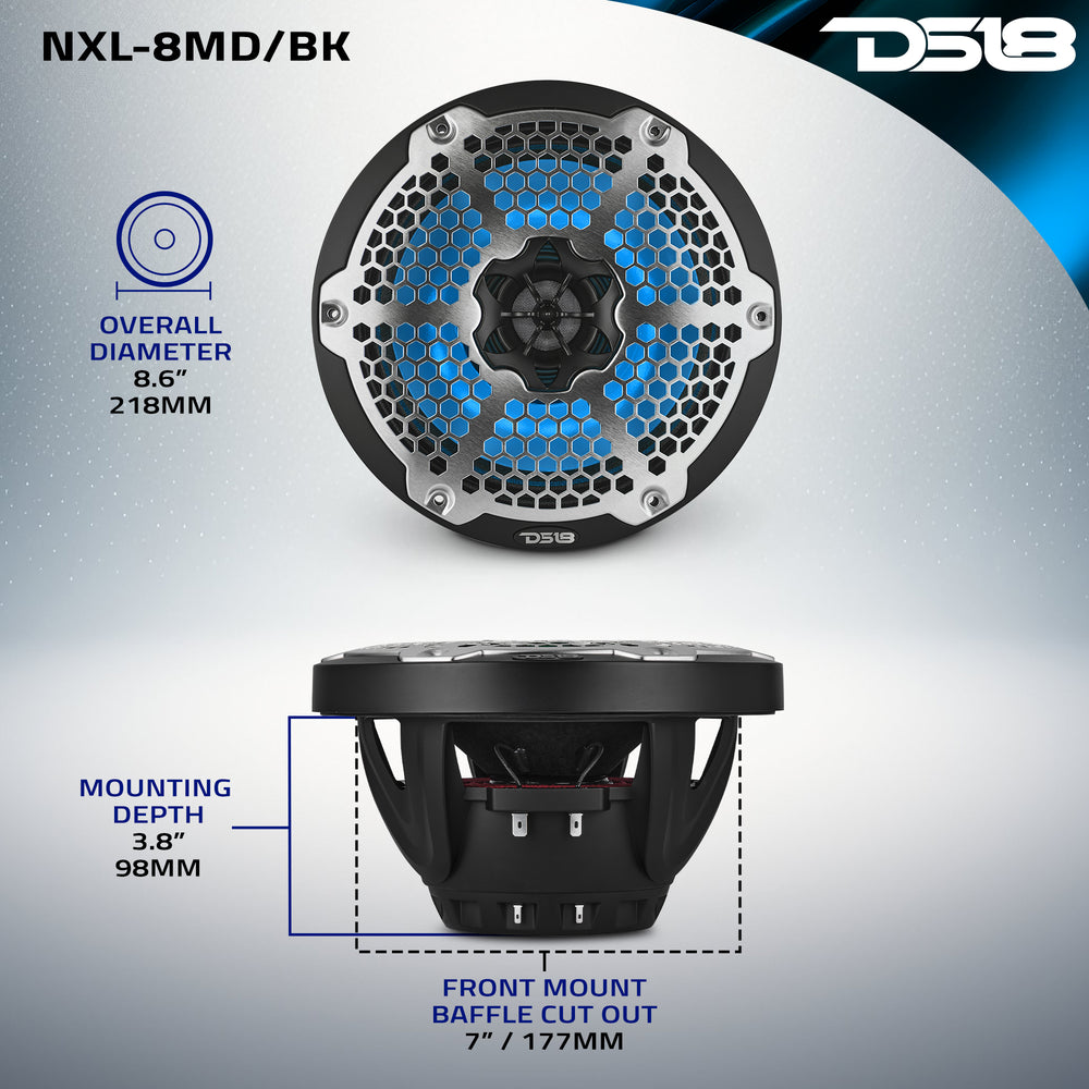 DS18 NXL-8MD/BK 8” Marine 2-Way Speaker 350W RMS 4-Ohm – RGB LED, Neodymium Magnet, Compression Driver, Waterproof