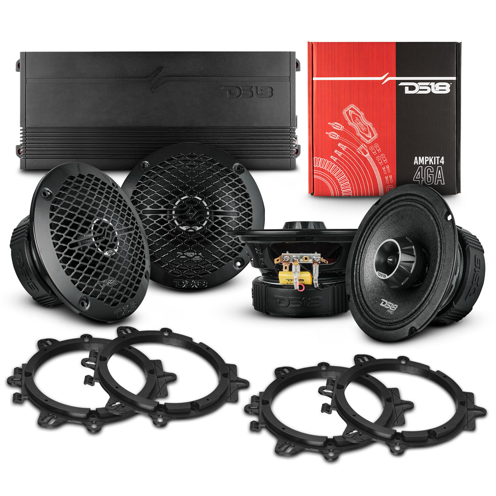 DS18 PKG-PROZT62 6.5” Pro Midrange Coaxial Speakers Kit – High Sensitivity, Built-In Amplifier, OEM Adapters, 4 Ohm Car Audio Upgrade