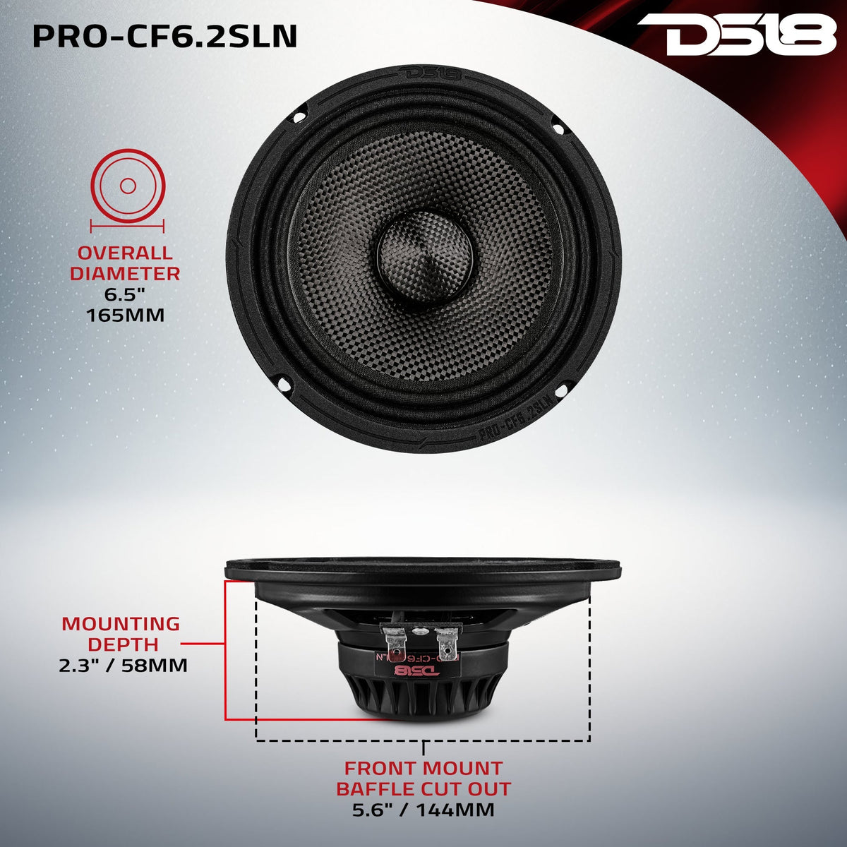 DS18 PRO-CF6.2SLN PRO 6.5" Slim Carbon Fiber Motorcycle Loudspeaker - 150W RMS, 2-Ohm, Neodymium DS18
