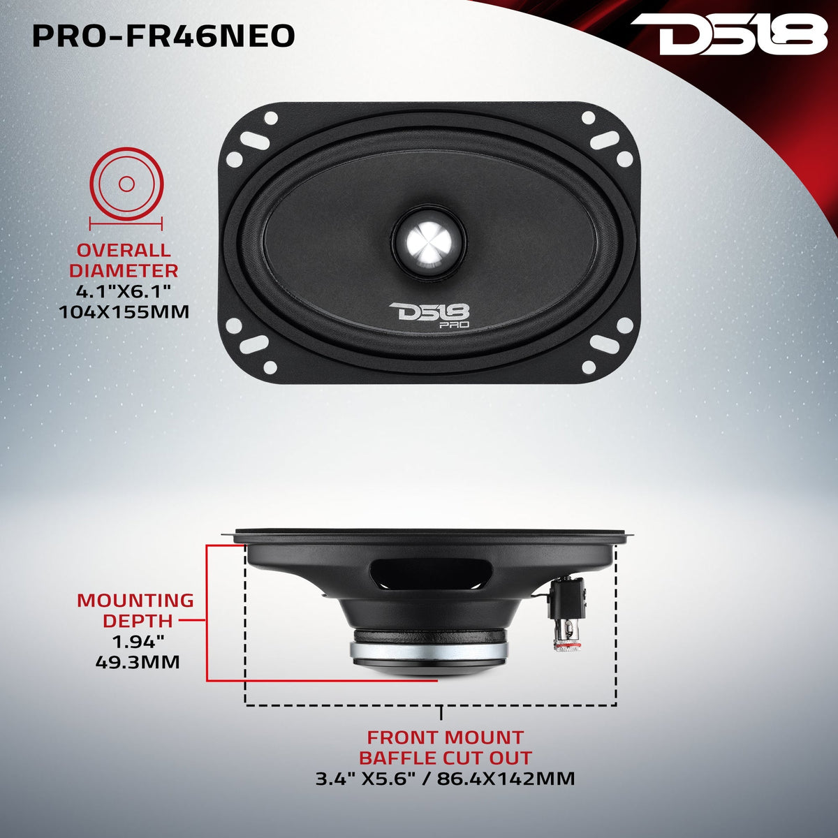 DS18 PRO-FR46NEO PRO 4x6" Neodymium Full-Range Loudspeaker with Bullet - 150W RMS, 4-Ohm DS18