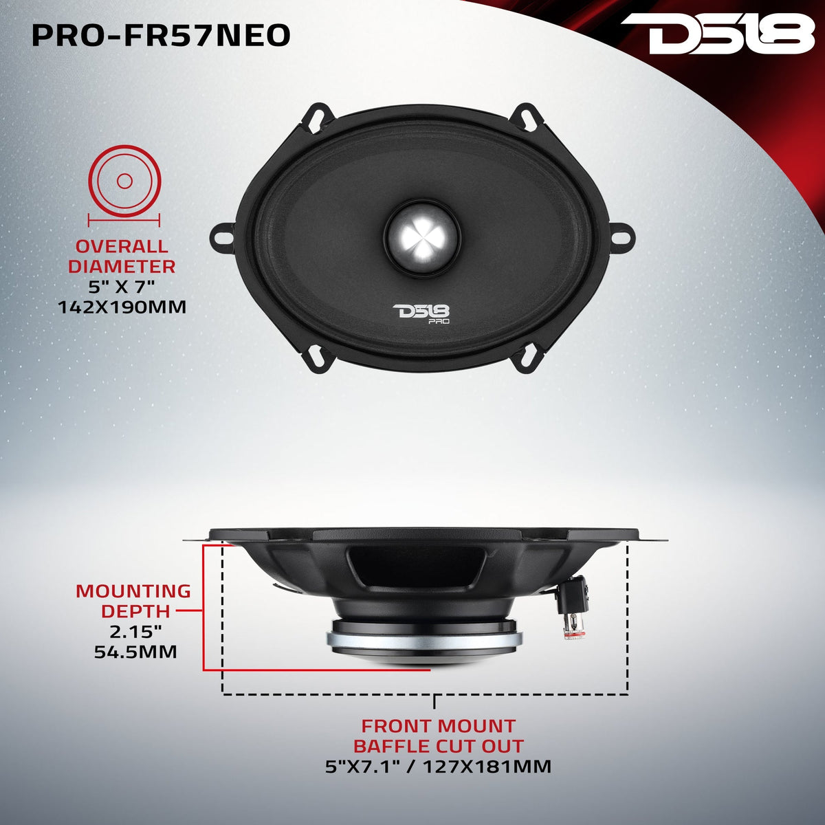 DS18 PRO-FR57NEO PRO 5x7" Neodymium Full-Range Loudspeaker with Bullet - 225W RMS, 4-Ohm DS18