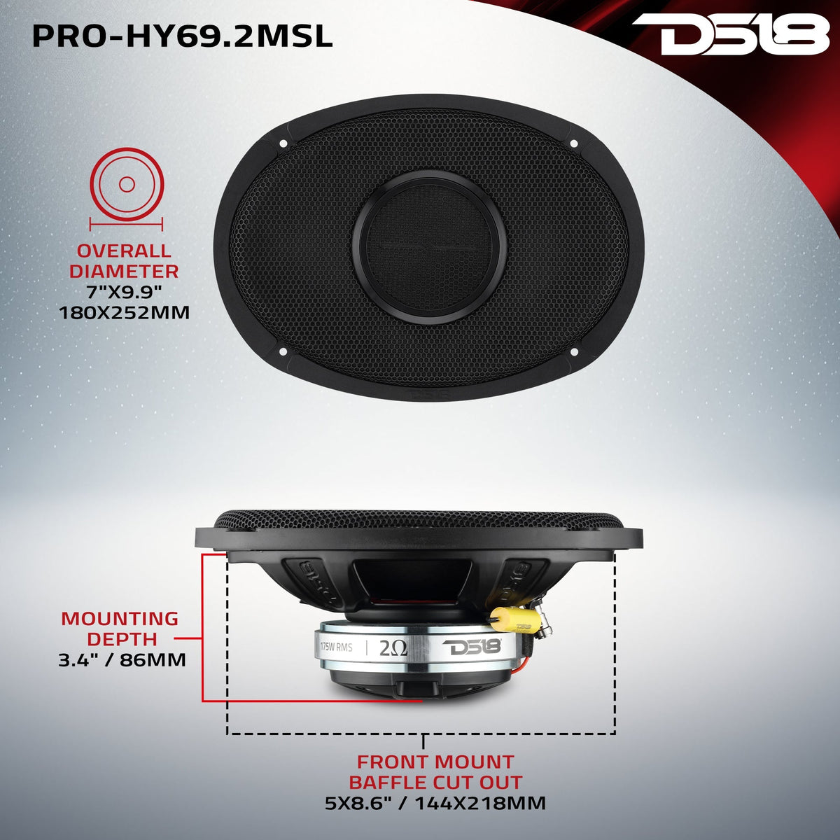 DS18 PRO-HY69.2MSL PRO 6x9" Hybrid Slim Loudspeaker with Compression Driver - 175W RMS, 2-Ohm DS18