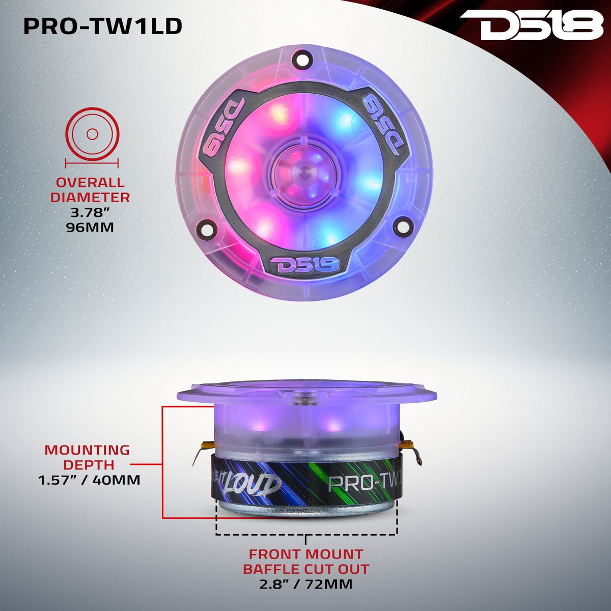 DS18 PRO-TW1LD PRO 3.8" Super Bullet Tweeter with Digital LED - 1" Aluminum VC, 120W, 4-Ohm DS18