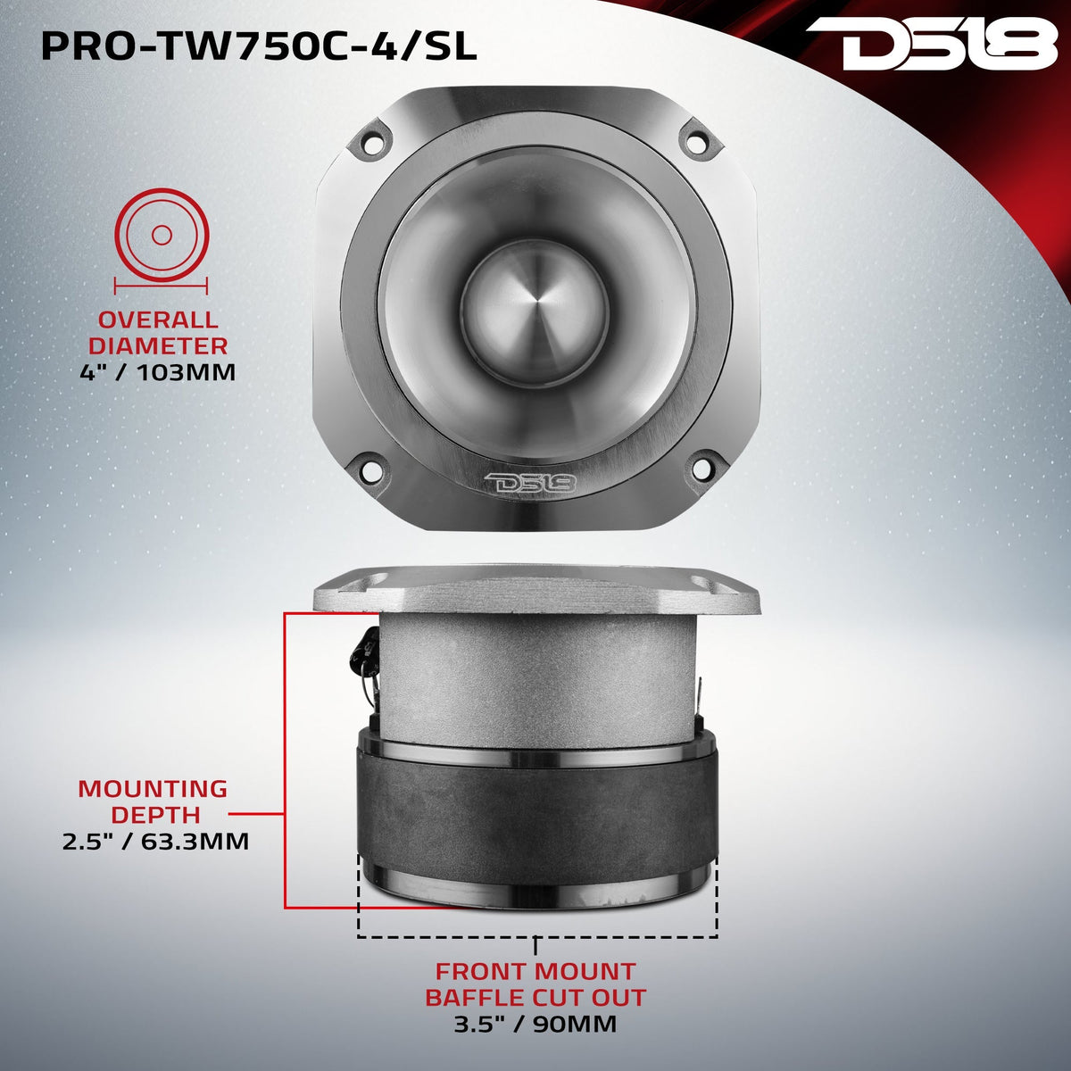 DS18 PRO-TW750C-4/SL PRO 4" Super Bullet Tweeter - 1.5" Titanium Voice Coil, 200W, 4-Ohm, Silver DS18