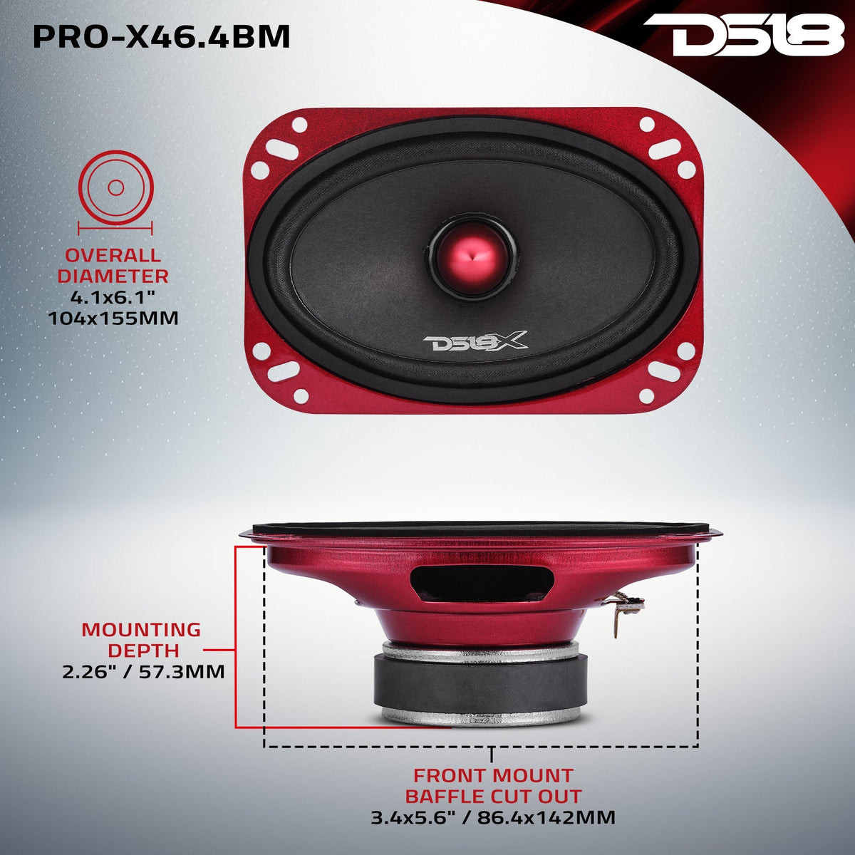 DS18 PRO-X46.4BM PRO-X 4x6" Mid-Range Loudspeaker with Bullet - 100W RMS, 200W Max, 4-Ohm DS18