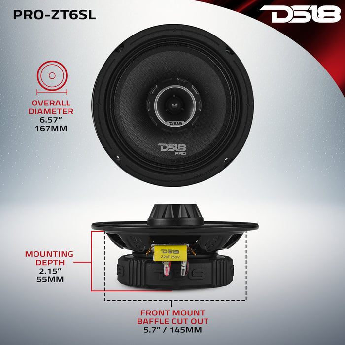 DS18 PRO-ZT6SL 6.5” Slim Coaxial Mid-Range Loudspeaker with Water-Resistant Cone Built-in Bullet Tweeter | 200W RMS 4-Ohm
