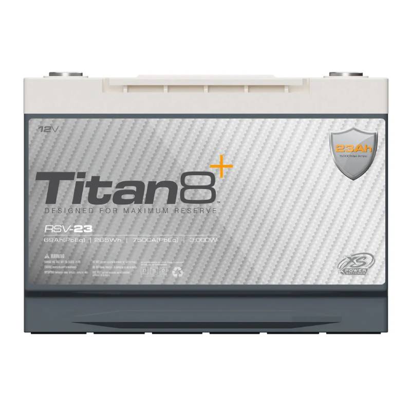 XS Power Titan8 12V Lithium Car Audio Battery – 23AH, 3000-5000W Max Power, Group 34, Underhood Safe, High-Output Audio Power