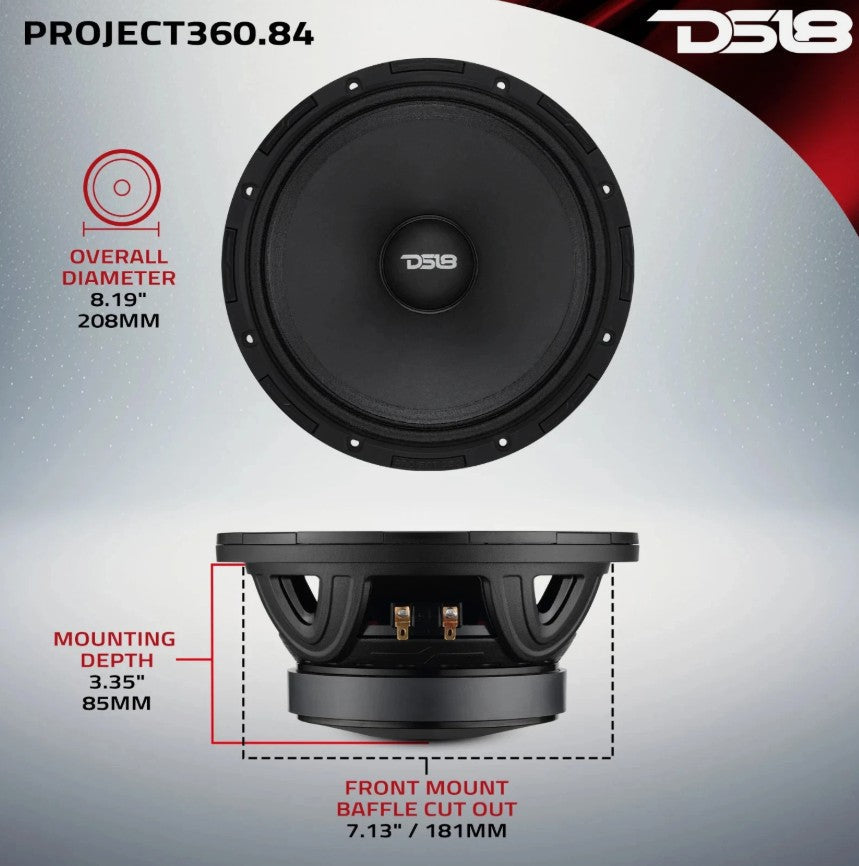 PROJECT360.84B  8” Mid-High 100.2 dB Loudspeaker - 300W RMS 4-Ohm w/Bullet- Rotating Recone Design For Quick Repair